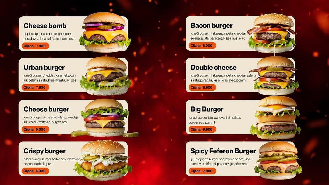Grafika sa osam burgera Crispy Food House, svaki sa nazivom, sastojcima i cijenom.