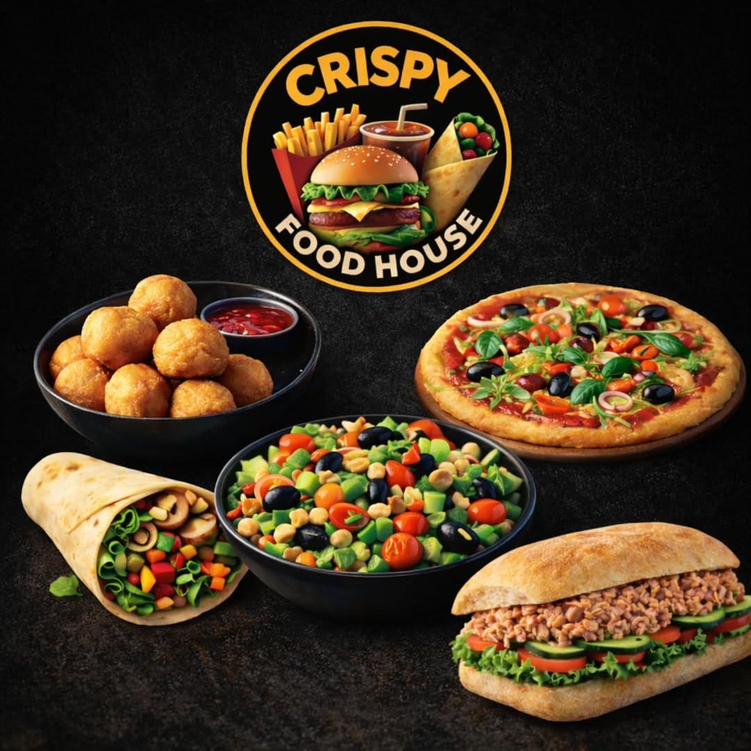 Posna ponuda Crispy Food House oko logotipa: priganice sa umakom, pica, wrap, salata i sendvič.
