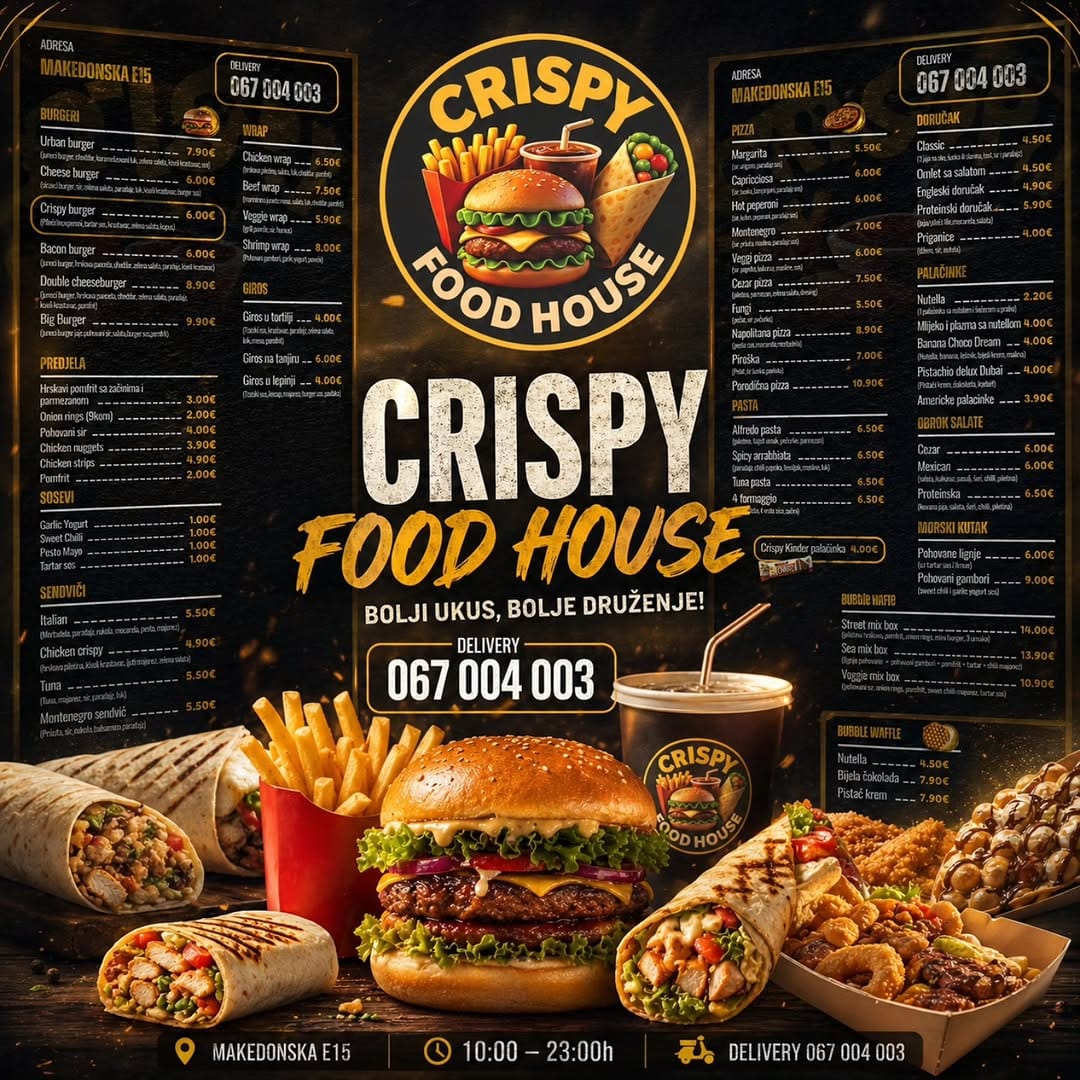 Reklamni plakat Crispy Food House sa cjelovnikom i fotografijom burgera, wrapova, pomfrita i pića.